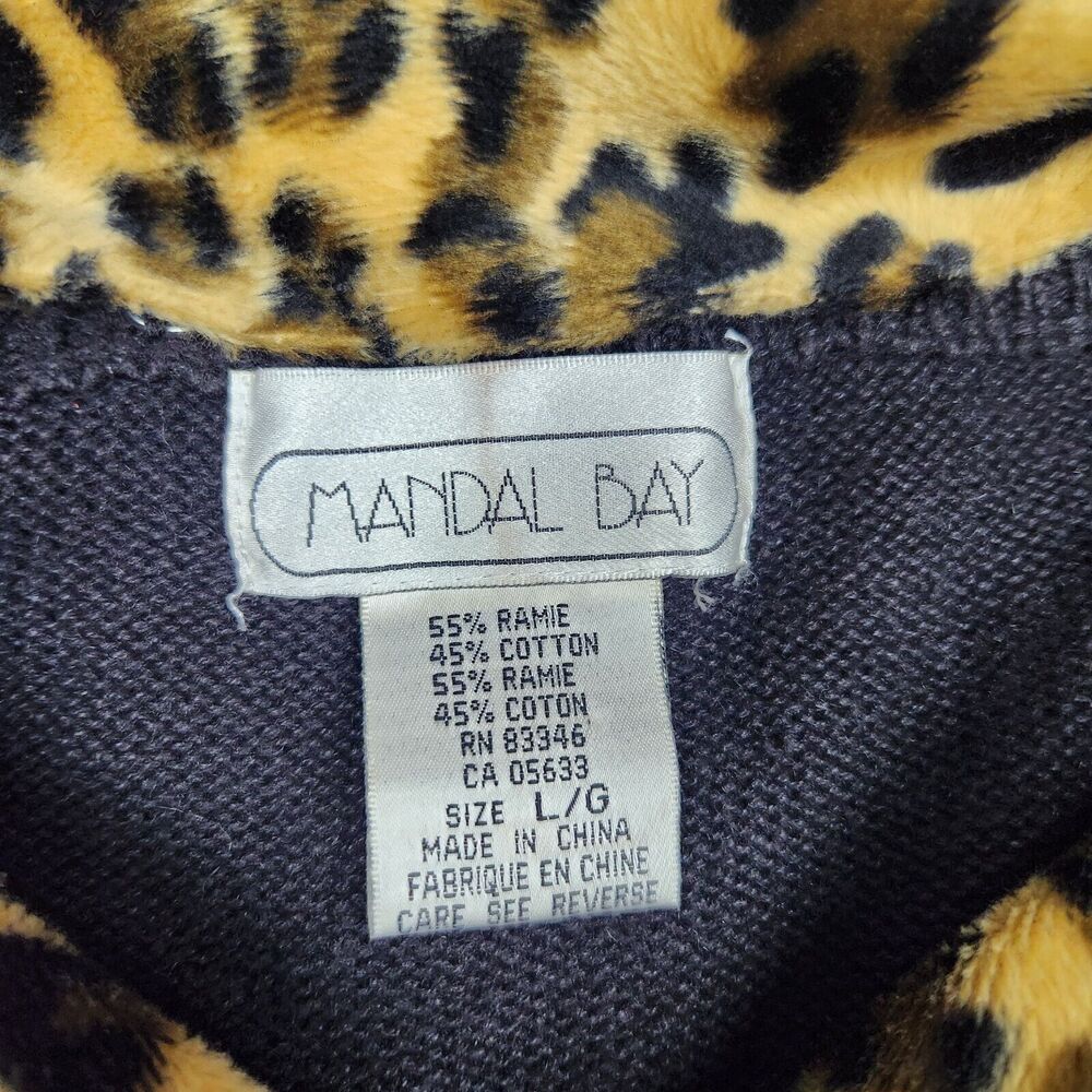 Mandal Bay Womens Cardigan Sweater L Black Brown Leopard Animal Print Vtg A467 - Picture 3 of 9